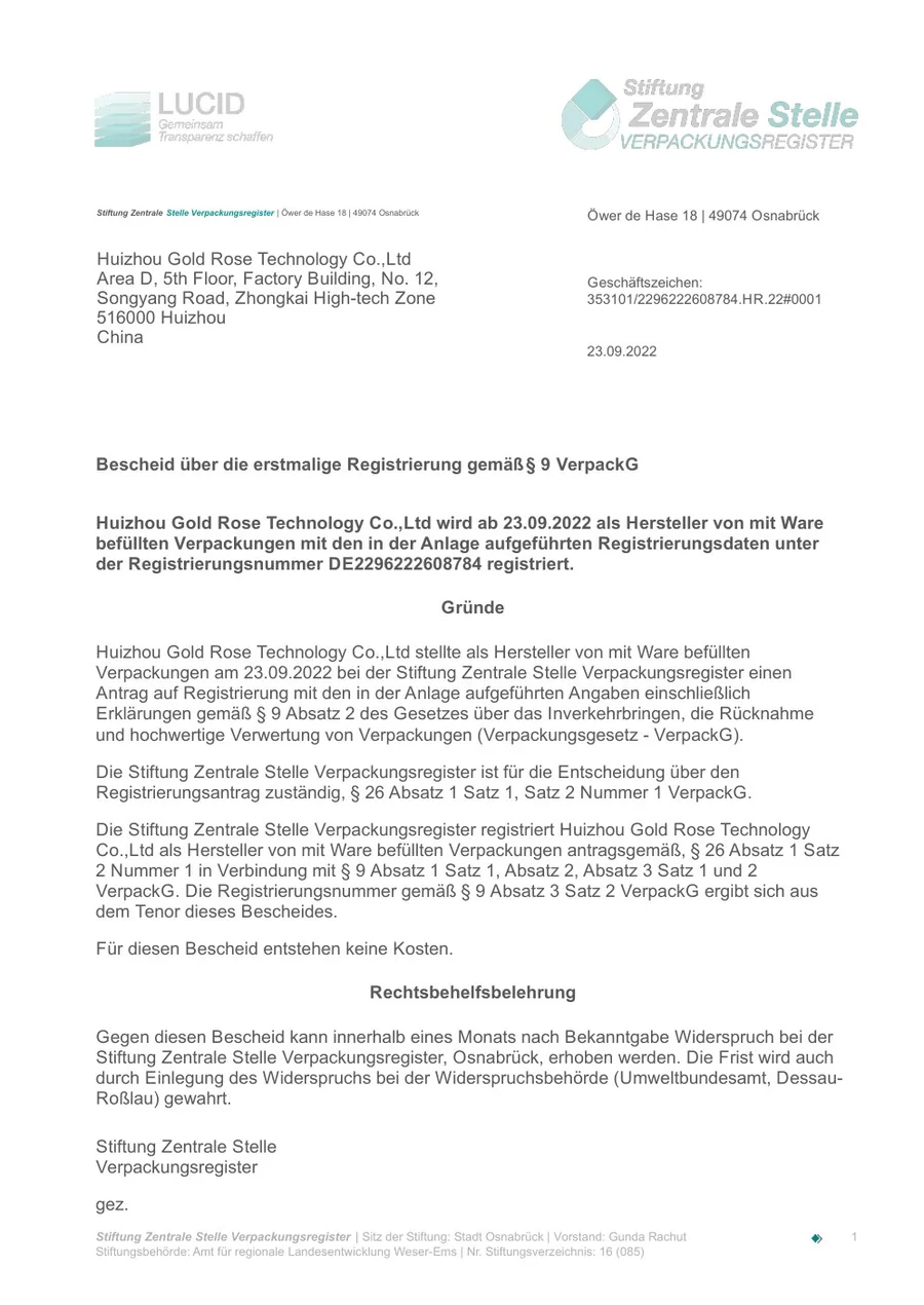 First page of the Gold Rose EPR packaging registration document