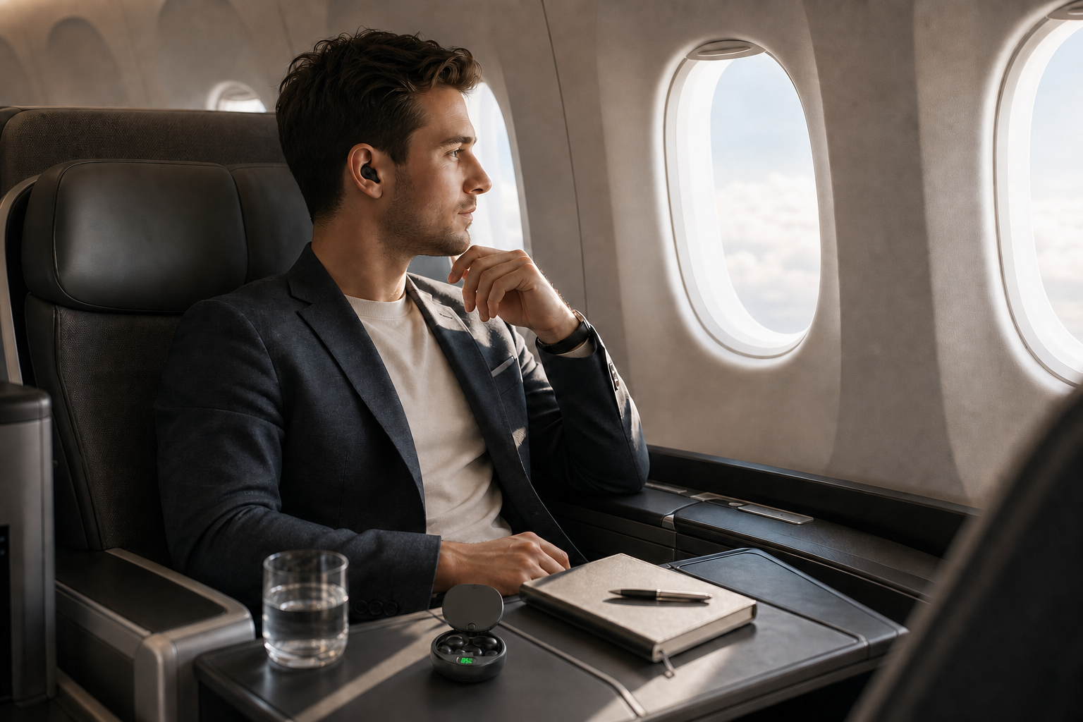 Business traveler with sleep earplugs