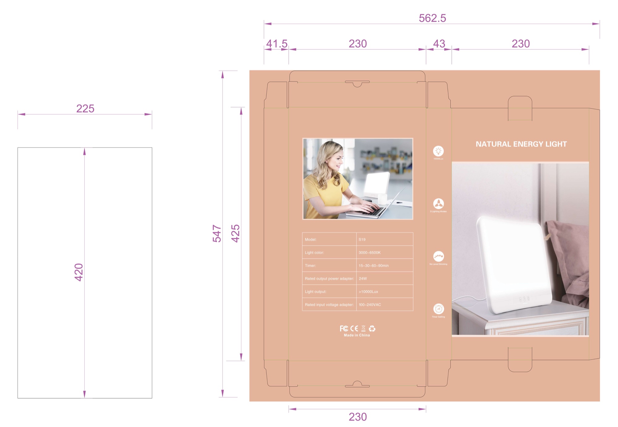 S19 light therapy lamp retail color box artwork and dimensions