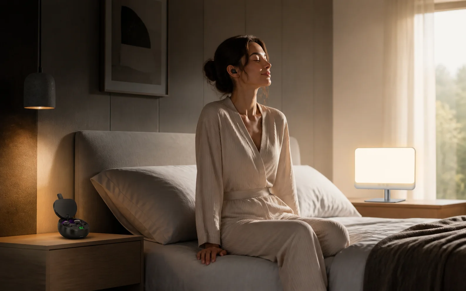 A premium evening-to-morning wellness routine featuring Y38 sleep earplugs and an S19 Pro light therapy lamp