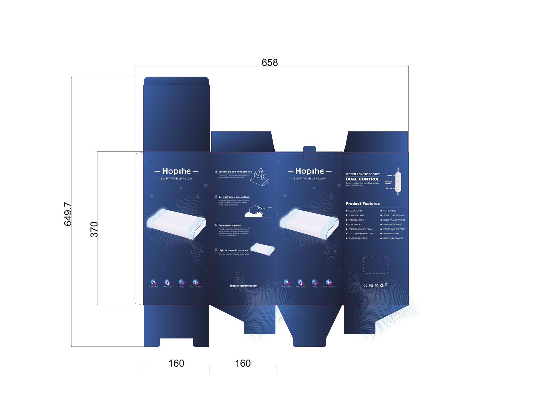 WP100 smart pillow retail color box artwork and dimensions