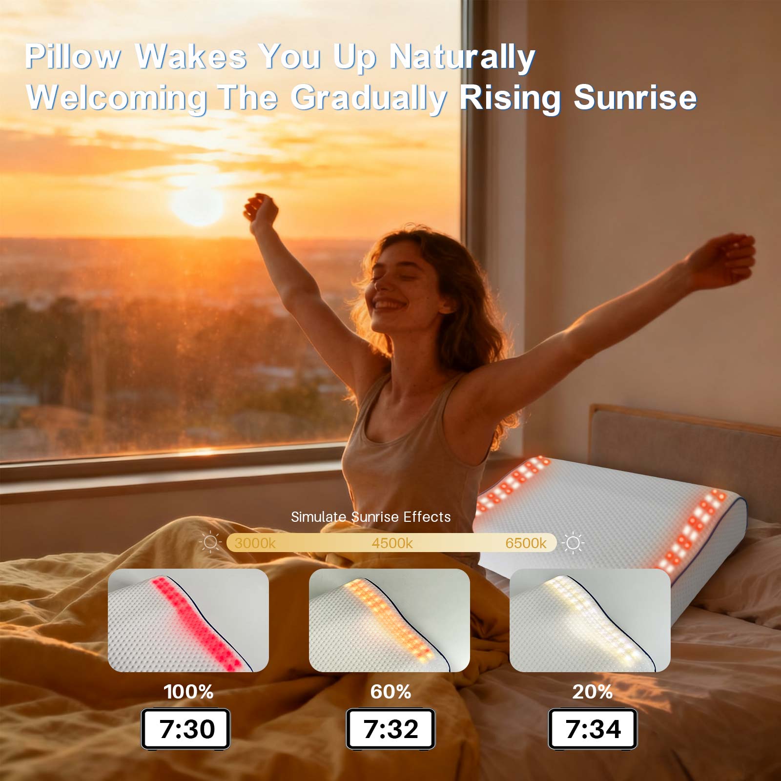 WP100 smart pillow supporting a natural sunrise wake-up routine