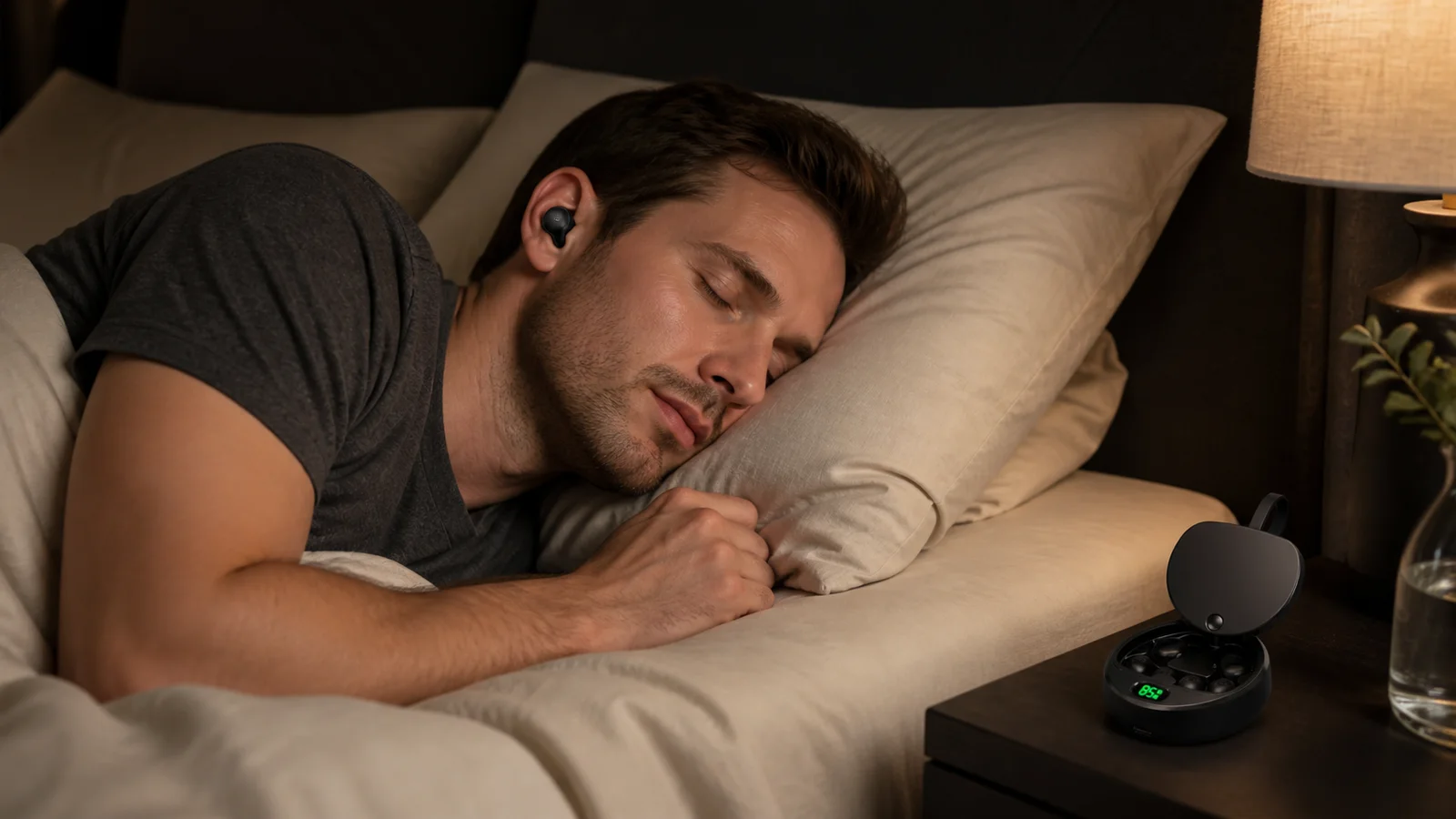 Man sleeping on his side with a Y38 sleep earplug and charging case on the bedside table