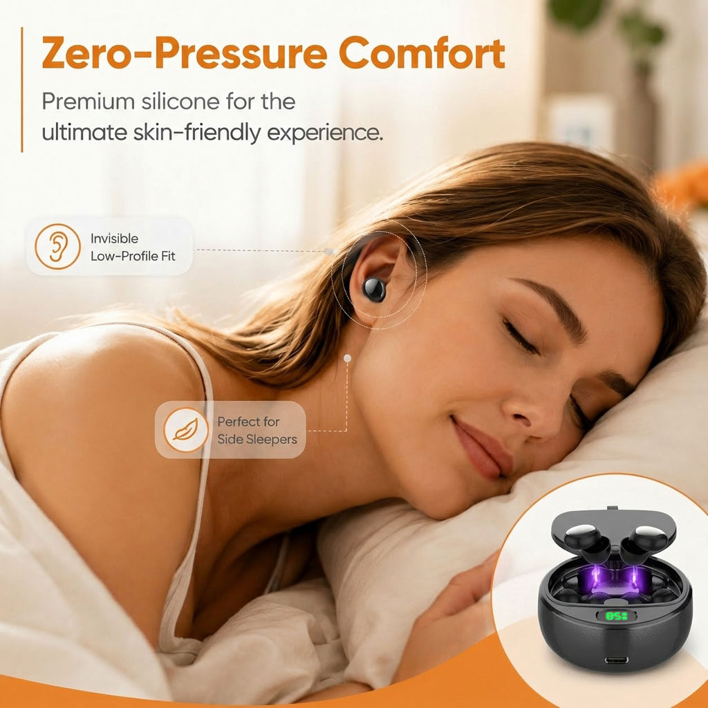 A customer using Y38 low-profile sleep earplugs at bedtime